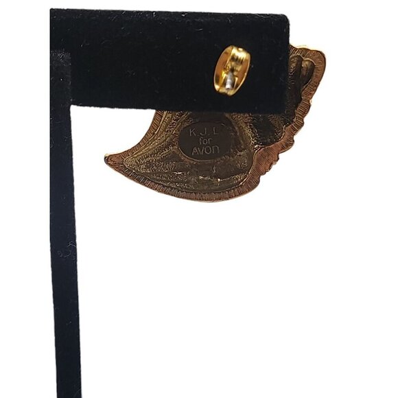 KjL Conch Shell Post Earrings Gold Tone For Avon Rhinestones Vintage 1980s - Picture 12 of 15